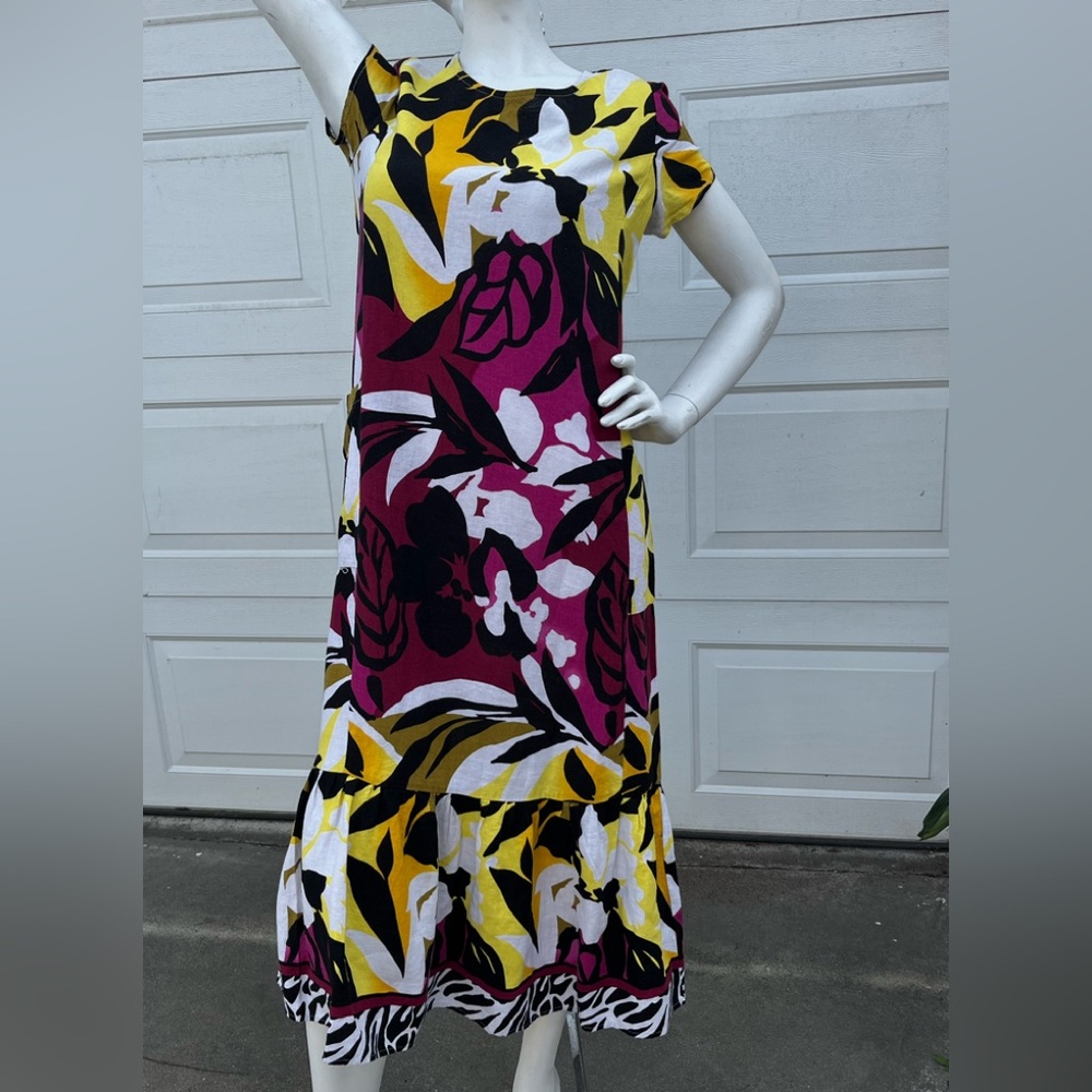Women's Cynthia rowley floral linen blend dress short sleeves ruffle hem M